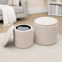 HOMCOM Corduroy Stool, Ottoman with Storage Set of 2, Removable Wood Lid, Hidden Space, Cream White(m-11)