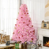HOMCOM 7' Artificial Pink Christmas Trees, with Auto Open, Steel Base, Wide Shape for Indoor Xmas Decoration(m-2)