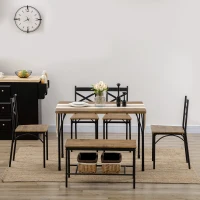 HOMCOM Industrial Dining Table Set for 6 People, 6 Piece Kitchen Table and Chairs Set, Dinner Table with Bench, Steel Frame and Storage Shelf, Dinette Set, Rustic Brown(m-10)