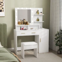 HOMCOM Illuminated Dressing Table Set, LED Vanity Table Set with Stool, LED Mirror, Drawer and Cabinet Shelves for Bedroom(m-1)