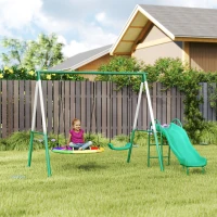 Qaba Metal Swing Set with Slide, Saucer Swing Seat, Heavy Duty A-Frame Stand and Adjustable Rope for Backyard, Dark Green(m-9)