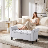 HOMCOM 47" Storage Ottoman Bench, Tufted End of Bed Bench with Rolled Arms, Safety Hinge, Wood Legs for Bedroom, Light Gray(m-8)