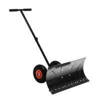 Outsunny Snow Shovel Rolling Pusher with 29" Blade, 10" Wheels & Angle-Adjustable Handle, Black(m-1)