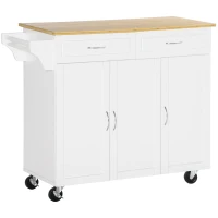 HOMCOM Rolling Kitchen Island Cart on Wheels with Large Bamboo Countertop, 2 Cabinets with Drawers, Adjustable Shelves, White(m-1)