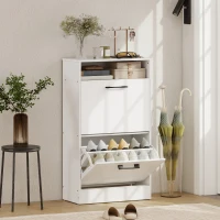 HOMCOM Shoe Cabinet 2 Flip Drawers Adjustable Dividers Shoe Storage Cabinet Top Shelf Entryway White(m-2)