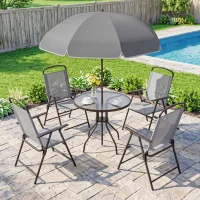 Outsunny 6 Piece Patio Dining Set for 4 with Umbrella, with 4 Folding Dining Chairs & Round Glass Table for Garden, Gray(m-9)