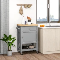 HOMCOM Kitchen Island on Wheels, Rolling Kitchen Cart with Rubberwood Top, Drawer, Wine Rack and Cabinet, Gray(m-10)