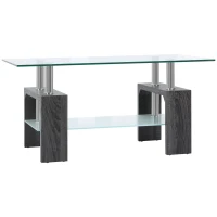 HOMCOM Rectangle Glass Coffee Table, 2-Tier Center Table with Tempered Glass Top and Storage Shelf for Living Room, Grey(m-2)
