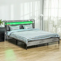 HOMCOM King Bed Frame with Storage Upholstered Headboard, King Size Bed Frame with LED Lights, Charging Station, Cement Gray(m-2)