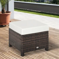 Outsunny 20" Patio Wicker Ottoman, Multipurpose Outdoor PE Rattan Footrest, Additional Seating, Side Table with Soft Cushion, Brown, White(m-10)