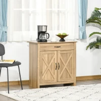 HOMCOM Farmhouse Sideboard Cabinet with Barn Doors Kitchen Buffet Cabinet with Drawer and Adjustable Shelf Stone Natural(m-10)