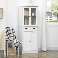 HOMCOM 61" Kitchen Pantry Cabinet, Freestanding Farmhouse Buffet Storage Cabinet with Soft Close Glass Doors and Adjustable Shelves, White(m-1)