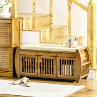 HOMCOM Shoe Bench with Storage Cabinets, Bamboo Entryway Bench with Seating Cushion, 3 Doors, Side Rack and Hidden Compartment for Hallway, Brown(m-2)
