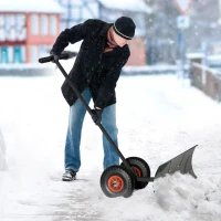 Outsunny Snow Shovel Rolling Pusher with 29" Blade, 10" Wheels & Angle-Adjustable Handle, Black(m-2)