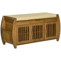 HOMCOM Shoe Bench with Storage Cabinets, Bamboo Entryway Bench with Seating Cushion, 3 Doors, Side Rack and Hidden Compartment for Hallway, Brown(m-11)