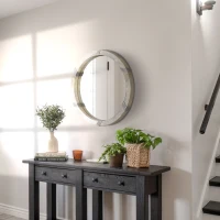 HOMCOM 30.75" Wood Wall Mirror, Farmhouse Decorative e Round Mirror for Wall Decor in Living Room, Bedroom, Natural Wood Color(m-10)