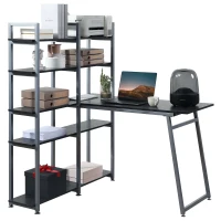 HOMCOM 5 Tier Versatile L-Shaped Computer Desk, Writing Table with Display Shelves and Metal Frame, Space-Saving for Study, Home Office, Black(m-11)