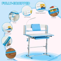 Qaba Kids Desk and Chair Set with Easy Rotation Handle, Height Adjustable Study Table and Chair Set with LED Lamp, Bookshelf, Drawer, Reading Board, Pen Slot, Hook, Blue(m-9)