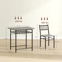 HOMCOM 3-Piece Small Dining Table Set for 2, Kitchen Table and Chairs with Storage Rack and Steel Frame, Gray(m-3)