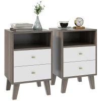 HOMCOM Nightstand Set of 2, Modern Bedside Table, Night Stand for Living Room with 2 Drawers and Open Storage, Grey(m-9)