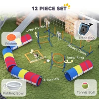 PawHut Dog Agility Training Equipment, 12-Piece Dog Obstacle Course with Adjustable Hurdle & Ring, 4 Tunnels, Weave Poles(m-4)