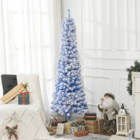 HOMCOM 6ft Flocked Christmas Tree, Pencil Christmas Tree with Realistic Branch Tips, Folding Metal Stand, Blue(m-1)