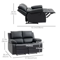 HOMCOM Double Reclining Loveseat, PU Leather Manual Recliner Sofa Chair with Thick Backrest, Padded Armrests, Footrest for Living Room, Black(m-3)