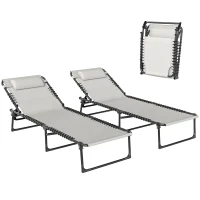Outsunny 2 Folding Chaise Lounge Pool Chairs with 4-Position Reclining Back, Pillow, Breathable Mesh & Bungee Seat, Dark Blue(m-11)