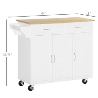HOMCOM Rolling Kitchen Island Cart on Wheels with Large Bamboo Countertop, 2 Cabinets with Drawers, Adjustable Shelves, White(m-3)