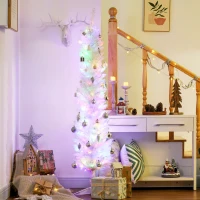 HOMCOM 6' Prelit Christmas Trees, Pencil Artificial Christmas Tree with Colourful Surface Tips, Colourful LED Lights, White(m-1)
