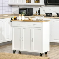 HOMCOM Rolling Kitchen Island Cart on Wheels with Large Bamboo Countertop, 2 Cabinets with Drawers, Adjustable Shelves, White(m-2)
