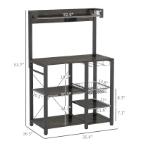 HOMCOM Industrial Kitchen Bakers Rack with Charging Station, RGB Lights, Glass Holders and Open Shelves, Gray(m-3)