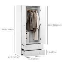HOMCOM Armoire Wardrobe Closet with 2 Drawers, 71" Tall Wardrobe Cabinet with Hanging Rod, 2 Door Bedroom Armoires, Modern Clothing Storage Cabinet for Bedroom, White(m-3)