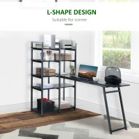 HOMCOM 5 Tier Versatile L-Shaped Computer Desk, Writing Table with Display Shelves and Metal Frame, Space-Saving for Study, Home Office, Black(m-8)
