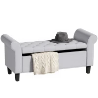 HOMCOM 47" Storage Ottoman Bench, Tufted End of Bed Bench with Rolled Arms, Safety Hinge, Wood Legs for Bedroom, Light Gray(m-11)