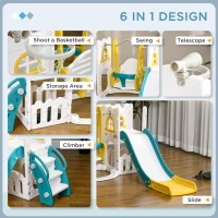 Qaba 6-in-1 Slide and Swing Set Baby Swing Playset Indoor with Basketball Hoop, Climber, Storage Space, Telescope, Yellow(m-4)