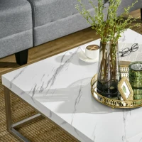 HOMCOM Square Coffee Table with Faux Marble Tabletop, Low Table for Sitting on The Floor, Stainless Steel Frame for Living Room, White(m-21)