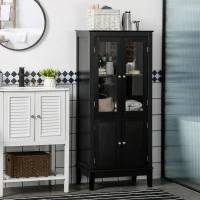 kleankin Bathroom Floor Cabinet with 2 Storage Cabinets, Tempered Glass Door, Freestanding Linen Tower with Adjustable Shelves for Living Room, Black(m-2)
