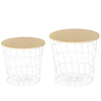 HOMCOM End Tables Set of 2, Nesting Tables with Storage, Round Accent Side Tables with Removable Top, White/ Natural(m-11)