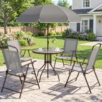 Outsunny 6 Piece Patio Dining Set for 4 with Umbrella, with 4 Folding Dining Chairs & Round Glass Table for Garden, Gray(m-10)