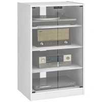 HOMCOM 5-Tier Media Cabinet, Media Stand with Adjustable Shelves, Tempered Glass Doors, and Cable Management, Distressed White(m-9)