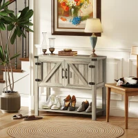 HOMCOM Farmhouse Double Door Coffee Bar Cabinet, Kitchen Cabinet with Bottom Shelf for Entryway, Living Room, Washed-out Gray(m-2)