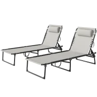 Outsunny 2 Folding Chaise Lounge Pool Chairs with 4-Position Reclining Back, Pillow, Breathable Mesh & Bungee Seat, Dark Blue(m-1)