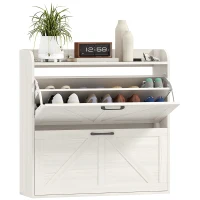 HOMCOM Narrow Shoe Storage Cabinet, Farmhouse Slim Shoe Cabinet with 2 Flip Drawers, Adjustable Shelves, White Oak(m-9)