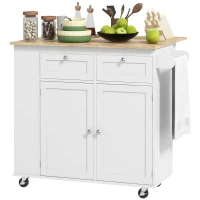 HOMCOM Kitchen Island with Power Outlet and Drop Leaf, Rolling Kitchen Cart with 2 Drawers and Adjustable Shelves, White(m-2)