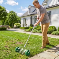 Outsunny Manual Lawn Aerator with Adjustable Handle, Lawn Aerator Machine, Grass Aerator for Lawn, Yard, Garden(m-1)