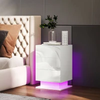 HOMCOM Modern LED Nightstand Bedside Table with Adjustable Colour Lighting & 3 Drawers, APP Control, Glossy White(m-7)