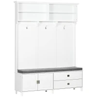 HOMCOM Hall Tree with Storage Bench, Entryway Bench with Coat Rack, Accent Coat Tree with Storage Shelves, White(m-1)