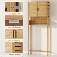 HOMCOM Over The Toilet Storage Shelf, Bathroom Organizer with 2 Doors, Open Compartment and Adjustable Shelf, Natural(m-7)