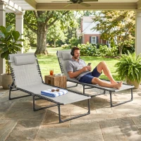 Outsunny 2 Folding Chaise Lounge Pool Chairs with 4-Position Reclining Back, Pillow, Breathable Mesh & Bungee Seat, Dark Blue(m-7)